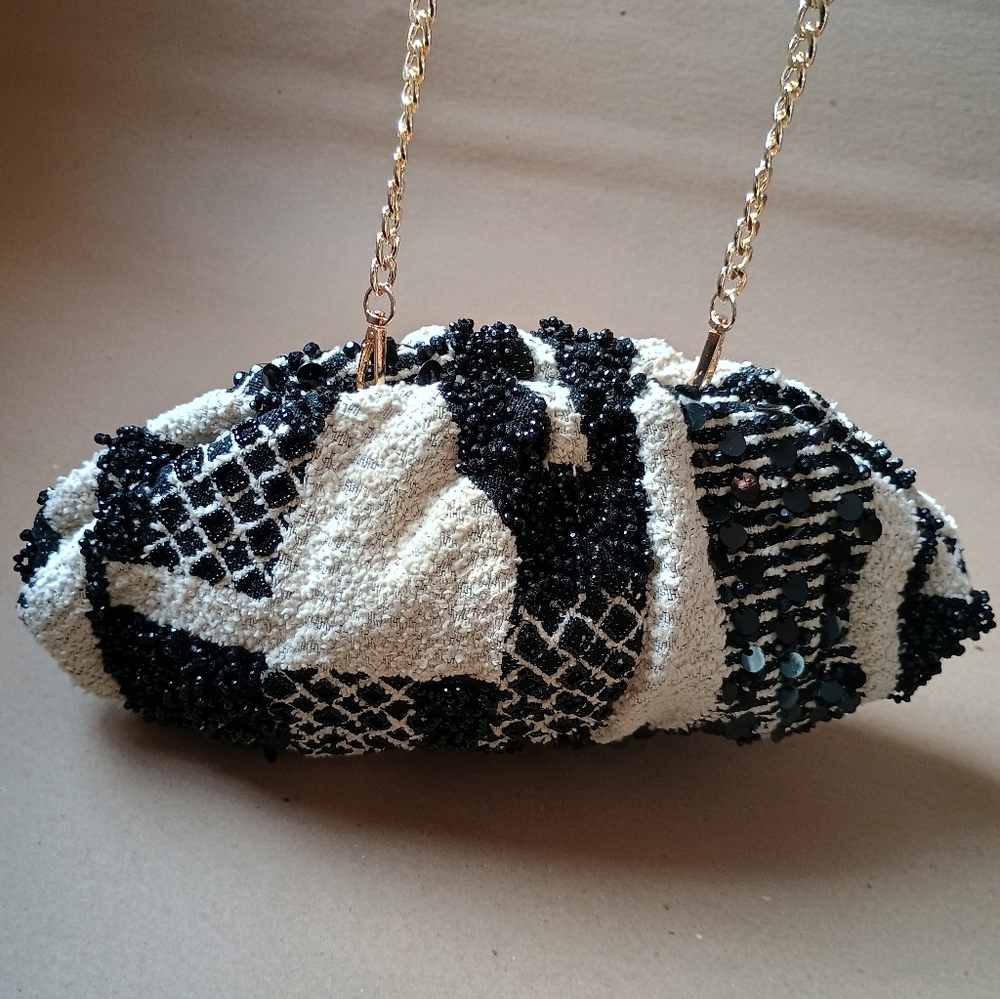 Anthropologie Black And Cream White Beaded Clutch Magnet Closure With Gold Chain